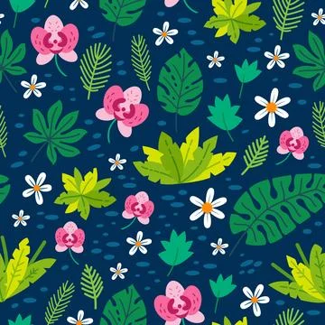 Childish seamless pattern with funny cute dinosaurs forest cartoon style Stock Illustration