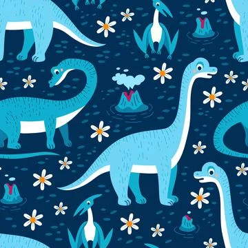 Childish seamless pattern with funny cute dinosaurs in cartoon style Stock Illustration