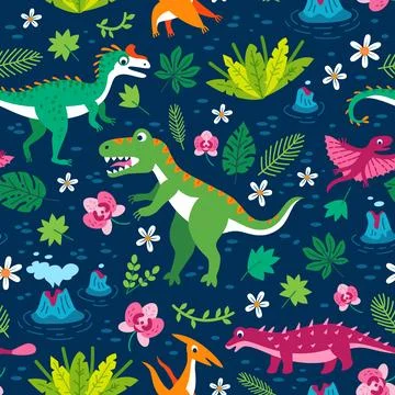 Childish seamless pattern with funny cute dinosaurs in cartoon style Stock Illustration