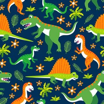 Childish seamless pattern with funny cute dinosaurs in cartoon style Stock Illustration