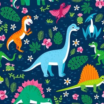 Childish seamless pattern with funny cute dinosaurs in cartoon style Stock Illustration