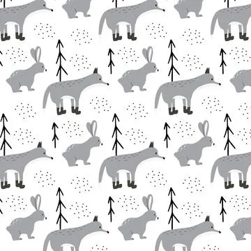 Childish seamless pattern with gray wolf and hare. Stock Illustration