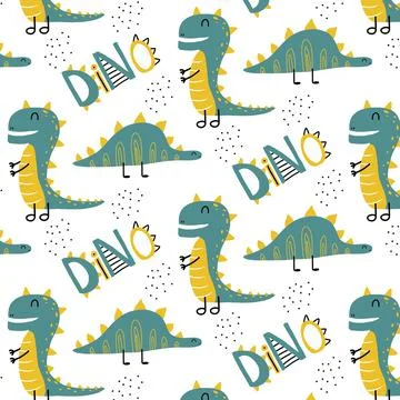 Childish seamless pattern with green dinosaur Stock Illustration