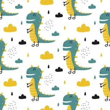Childish seamless pattern with green dinosaur Stock Illustration