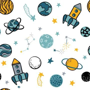 Childish seamless pattern hand drawn space elements space, rocket, star, plan Stock Illustration