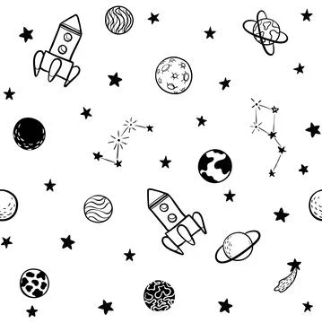 Childish seamless pattern. hand drawn space elements space, rocket, star, pla Stock Illustration