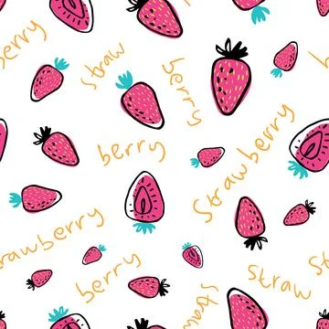 Childish seamless pattern with hand drawn strawberries and hand writing on wh Stock Illustration