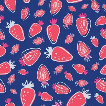 Childish seamless pattern with hand drawn strawberries on blue backdrop. イラスト素材