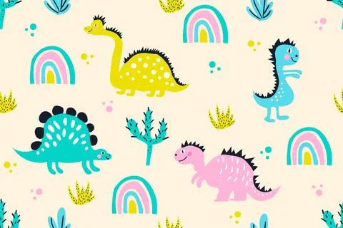 Childish seamless pattern with hand drawn dinosaur in doodle style. Creative Illustrazione stock