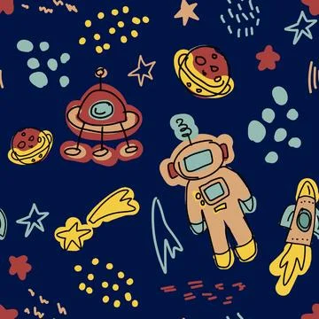 Childish seamless pattern with hand drawn space elements space, rocket, star Stock Illustration