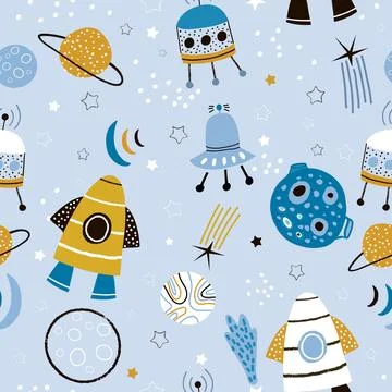 Childish seamless pattern with hand drawn space elements, rocket, ufo, star.. Stock Illustration