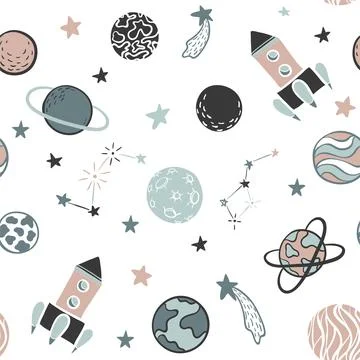 Childish seamless pattern hand drawn space elements space, rocket, star, pl.. Illustrazione stock