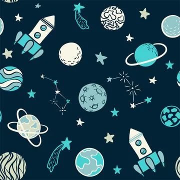 Childish seamless pattern. hand drawn space elements space, rocket, star, p.. Stock Illustration
