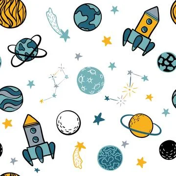 Childish seamless pattern hand drawn space elements space, rocket, star, pl.. 스톡 일러스트