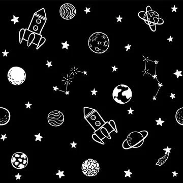Childish seamless pattern. hand drawn elements space, rocket, star, planet,.. 스톡 일러스트