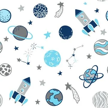 Childish seamless pattern. hand drawn space elements space, rocket, star, p.. Ilustração Stock