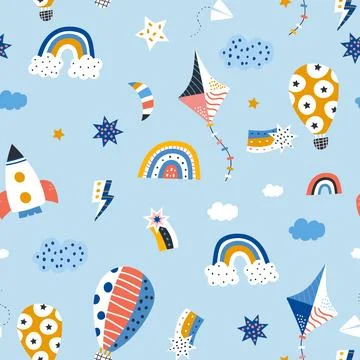 Childish seamless pattern with hot air balloon, rocket, kite, stars in the sk Stock Illustration