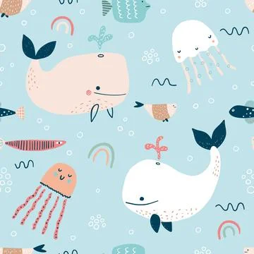 Childish seamless pattern with sea and ocean animals. Cute marine underwater Stockillustratie
