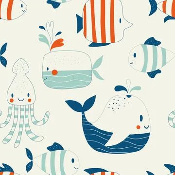 Childish seamless pattern with sea and ocean animals. Cute marine underwater Stock Illustration