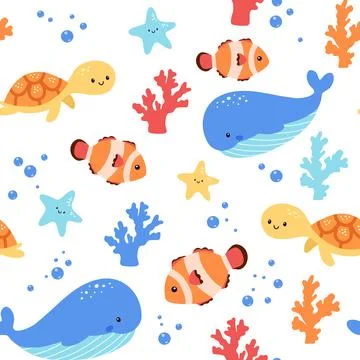 Childish seamless pattern with sea animals on white background. Cute marine Illustrazione stock
