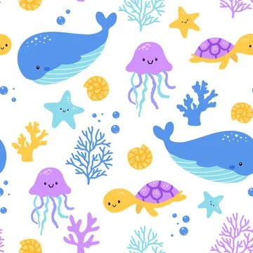 Childish seamless pattern with sea animals on white background. Cute marine Stock Illustration