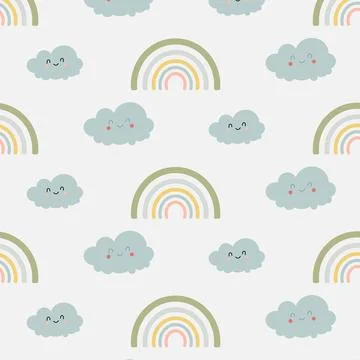 Childish seamless pattern with sky, clouds, rainbows. Stock Illustration