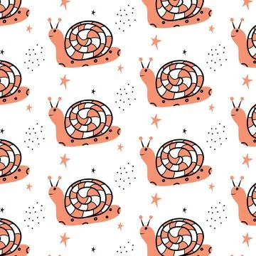 Childish seamless pattern with snail and stars. 스톡 일러스트