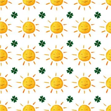 Childish seamless pattern with suns and clovers. Cute smiling sun clover. G.. Stock Illustration