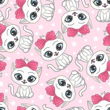 Childish seamless pattern with white kittens. Vector Stock Illustration