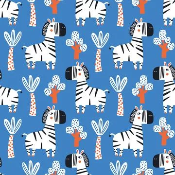 Childish seamless repeating simple flat pattern with zebras on a blue background Illustrazione stock