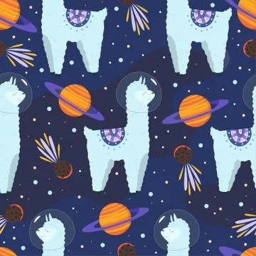 Childish space seamless pattern with cute animals, planets and comets. Vector Stock Illustration
