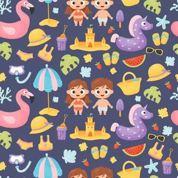 Childish summer seamless pattern. Cute kids beachgoers girl and boy with na.. Illustrazione stock