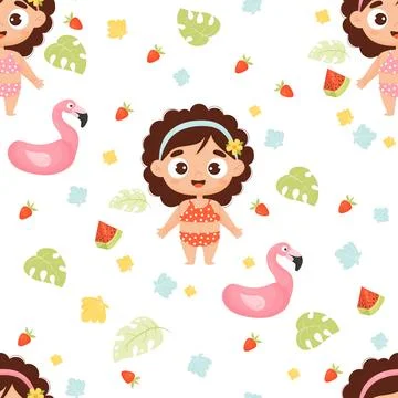 Childish summer seamless pattern. Cute beach girl in swimsuit with rubber f.. Stockillustratie