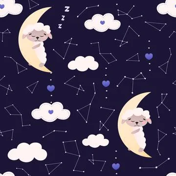 Childish sweet dreams pattern with cute animal character - sheep sleeping on イラスト素材