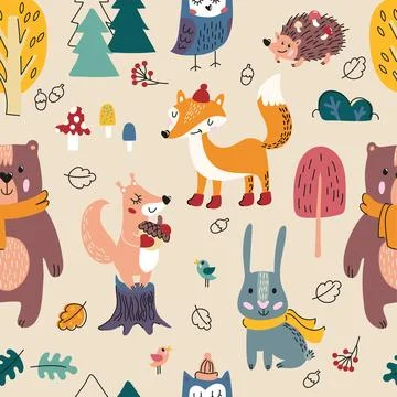 Childish vector seamless pattern with forest animals イラスト素材