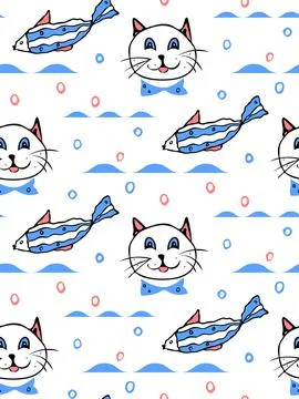 Childish vector seamless pattern. Hand drawn ink brush line images of cat, fish 스톡 일러스트