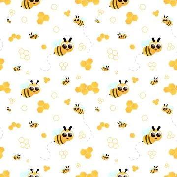 Childish yellow seamless pattern with cartoon character bee and honey イラスト素材