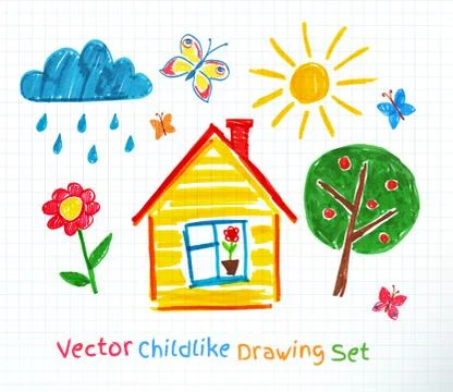 Childlike drawing set Stock Illustration