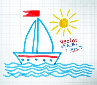 Childlike drawing of ship Illustrazione stock