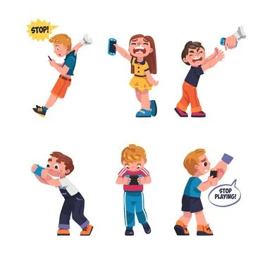 Children Addicted to Gadget Using Console Playing Video Game Vector Set Stock Illustration