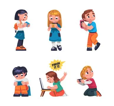 Children Addicted to Gadget Using Console Playing Video Game Vector Set Stock Illustration