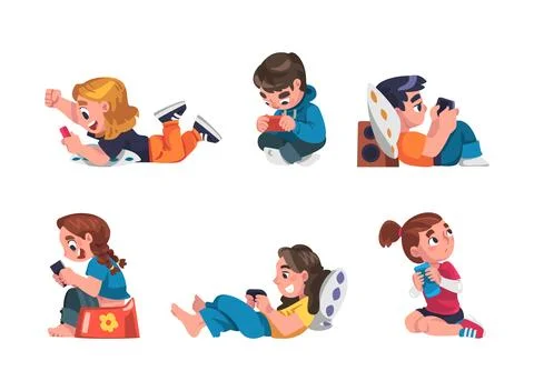 Children Addicted to Gadget Using Console Playing Video Game Vector Set Stock Illustration