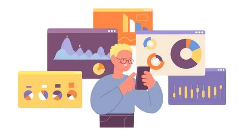 Children analytics. Modern clever boy programming and analysis. Guy with Stock Illustration