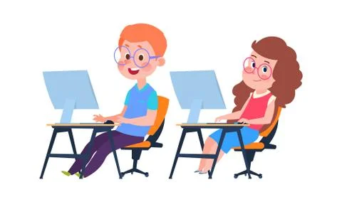 Children and computer science. Informatics lesson, cartoon boy girl at desks Illustrazione stock