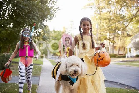 Children And Dog In Halloween Costumes For Trick Or Treating Stock Photos