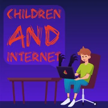 Children and the Internet security issue and access, flat vector illustration. Illustrazione stock