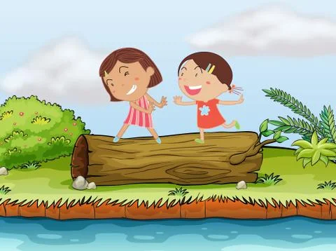 Children and a log Stock Illustration