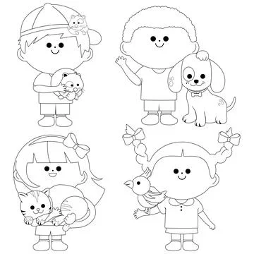 Children and pets. Vector black and white coloring page. Stock Illustration