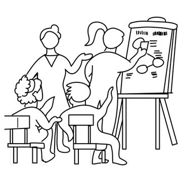 Children and teacher learning in classroom with blackboard Ilustração Stock