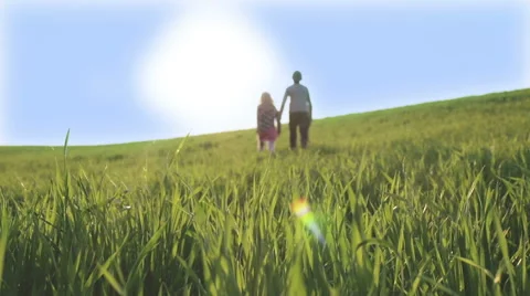 Children are going by the green meadow towards the bright sun. Stock Footage 64255472